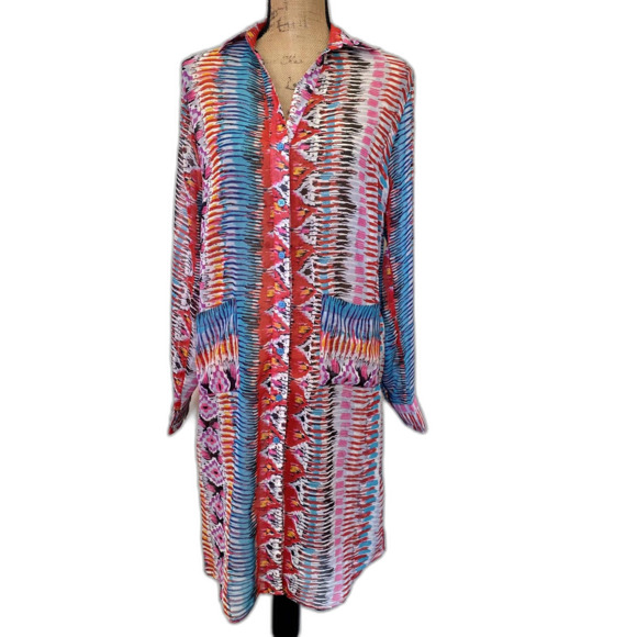 Turquoise Haven Swim Coverup Multicolor Abstract Printed Button Down Size S/M - Picture 1 of 5